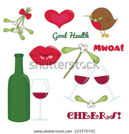 Mistletoe and Wine Clip Art Set. Christmas graphics created using vector software.