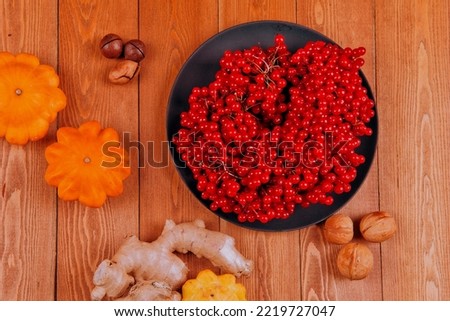 Still life with pumpkin- patison. Red viburnum berry, cranberry.Chicory root.Nuts. On a wooden background.meal.Thanksgiving day.the concept of fresh vegetables.close-up.the place for