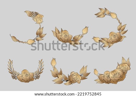 Roses hand drawing gold engraved. Black ink outline flowers elements golden gradient filled. A blossoming rosebud flower with leaves isolated on white. Vector element illustration.
