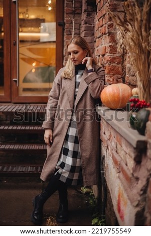 Pregnant girl at the fall photo shoot. The theme of the photo shoot is Halloween. Location - the courtyard of a coffee shop: a brick building with a decoration of pumpkins and dried flowers - ears. 