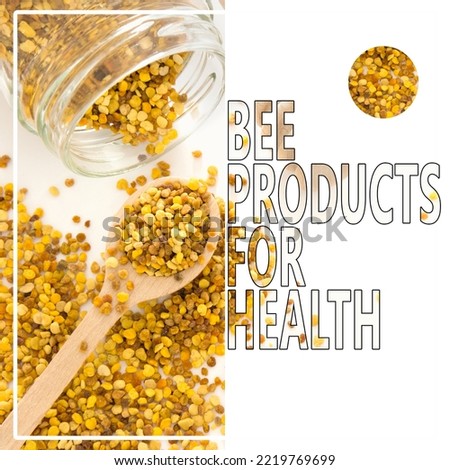 Top view on raw organic Bee pollen granules and a wooden spoon on a white table.cover design with text and free space for your text or logo.