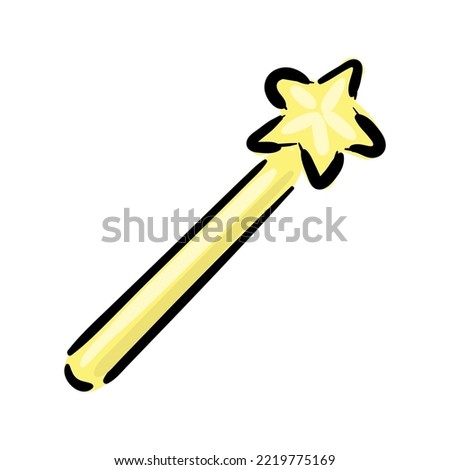 Vector cute small golden magic wand with star cartoon character. Simple stick for queen, princess, girl. Decorative cartoon object. Vintage fairytale element. Graphic isolated on white background