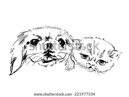 Happy Cat and dog sketch vector isolates.