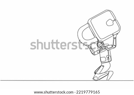 Single continuous line drawing astronaut carrying heavy padlock on his back. Space industry bankruptcy due to Covid-19 pandemic. Cosmonaut deep space. One line draw design vector graphic illustration