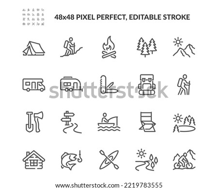 Simple Set of Travel Outdoor Related Vector Line Icons. Contains such Icons as Campfire, Hiking, Camp Trailer and more. Editable Stroke. 48x48 Pixel Perfect. Royalty-Free Stock Photo #2219783555