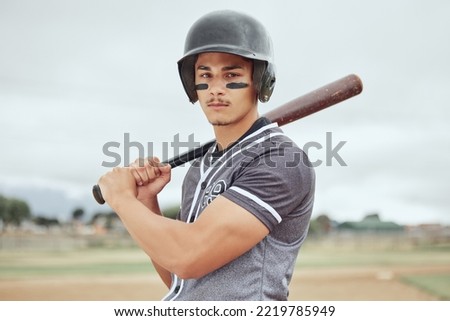 Man, baseball player and sports bat for game, match or training on the pitch in the outdoors. Professional male in baseball for competitive sport ready to play ball for fitness, exercise or workout