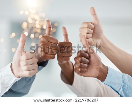 Thumbs up, success hands and teamwork collaboration of office diversity team feeling job community. Thank you, winner and yes hand sign of people and staff together showing happy and goal gesture Royalty-Free Stock Photo #2219786207