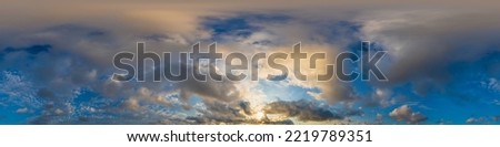 Dark blue sunset sky panorama with golden Cumulus clouds. Seamless hdr 360 panorama in spherical equirectangular format. Full zenith for 3D visualization, sky replacement for aerial drone panoramas.