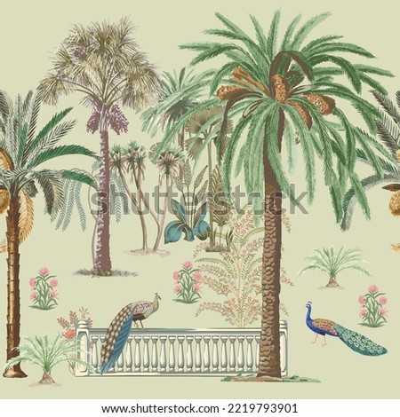 Traditional desert oasis garden palm tree vector illustration pattern Royalty-Free Stock Photo #2219793901