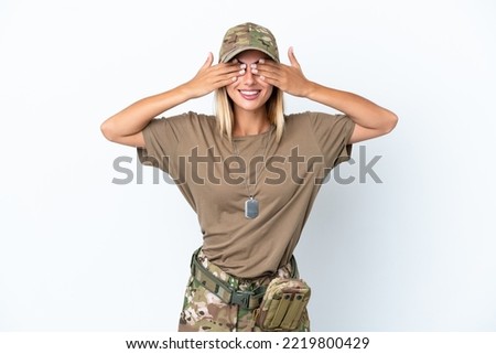 Military woman with dog tag isolated on white background covering eyes by hands