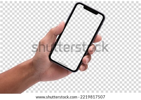 Hand holding the black smartphone blank screen and modern frameless design, hold Mobile phone on transparent background Ideal for marketing  Royalty-Free Stock Photo #2219817507