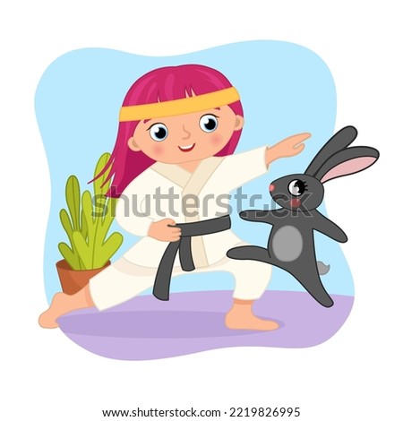 Vector cartoon of a cute girl is engaged in karate with a gray rabbit.
