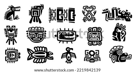 Mexican gods symbols. Abstract aztec animal bird totem idols, ancient inca maya civilization primitive traditional signs. Vector collection. Indigenous culture symbols and mythic rituals Royalty-Free Stock Photo #2219842139