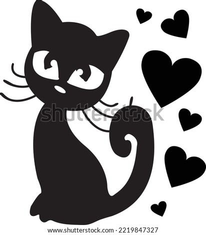Black cartoon cat with hearts Valentine's Day greeting card. Cute kitty character.