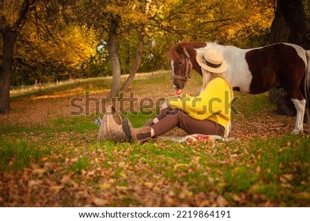 Beautiful picture, autumn nature, woman and horse, concept of love, friendship and care. background. without face