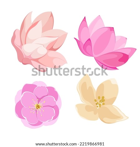 A set of delicate flowers on a white background. Cartoon design.
