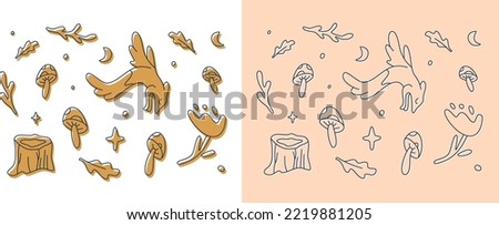 Magic forest clipart set. Folk art autumn collection. Forest and garden elements. Wild nature vector illustration.