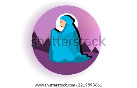 Muslim woman praying with hands up vector illustration design with night sky and mountains background.