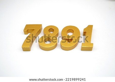   Number 7891 is made of gold-painted teak, 1 centimeter thick, placed on a white background to visualize it in 3D.                               