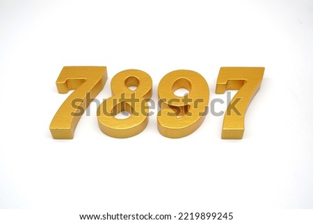 Number 7897 is made of gold-painted teak, 1 centimeter thick, placed on a white background to visualize it in 3D.                                 