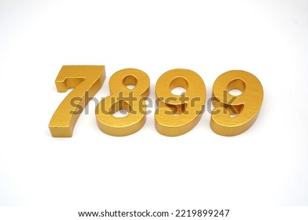 Number 7899 is made of gold-painted teak, 1 centimeter thick, placed on a white background to visualize it in 3D.                               