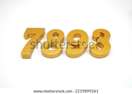Number 7893 is made of gold-painted teak, 1 centimeter thick, placed on a white background to visualize it in 3D.                                 