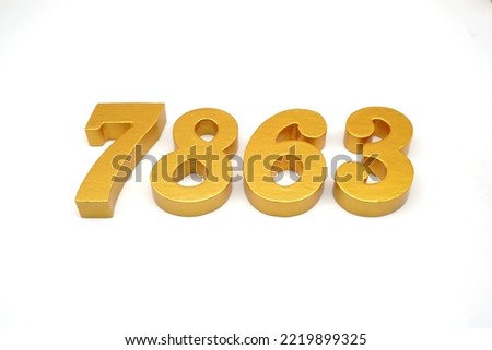   Number 7863 is made of gold-painted teak, 1 centimeter thick, placed on a white background to visualize it in 3D.                                 