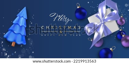 Illustration of a Christmas greeting with Christmas trees, Santa Claus, balloons and a gift.Vector illustration, realism.