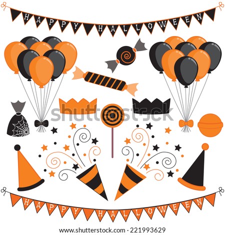 Halloween Party Clip Art Set. Halloween graphics created using vector software. The collection includes balloons, bunting, party poppers, candy and party hats in orange and black.