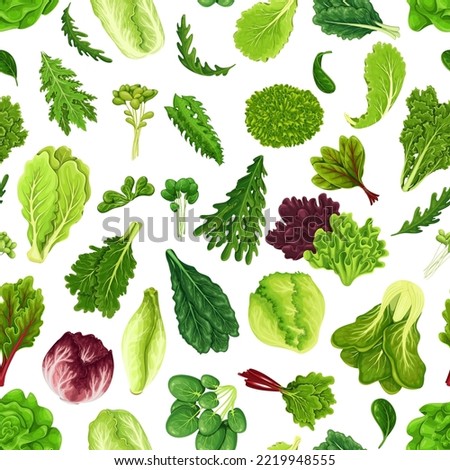 Salad leaf set seamless pattern vector illustration. Cartoon isolated mix of green vegetables and raw leaves of plants, organic vitamin ingredients collection for cooking healthy leafy salad Royalty-Free Stock Photo #2219948555