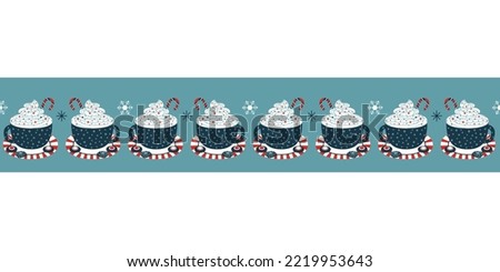 Fancy Christmas coffee cup seamless border pattern. Cute hot chocolate, cocoa drink mug repeat cartoon design element. Cozy winter mood, fun hand drawn banner background, card, flyer frame template
