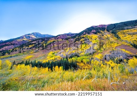 Aspen Colorado Rocky mountain Maroon Bells elk mountain range at sunrise with aspen trees forest foliage autumn fall, white river national forest Royalty-Free Stock Photo #2219957151