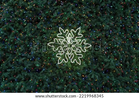 Snowflake and Chirstmas lights on a Christmas tree. 