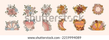Collection vector flowers set in pastel color blue and pink. Cute heart and rainbow with flowers on isolated white background.