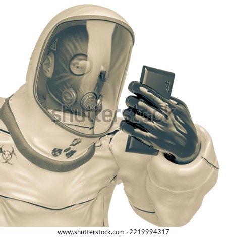 bio hazard man live alert on cellphone in a white background close up. This biohazard in clipping path is very useful for graphic design creations, 3d illustration