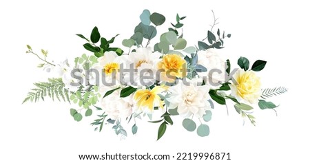 Yellow rose, ivory dahlia, white peony, tulip, orchid, spring garden flowers, emerald greenery, eucalyptus, fern, vector design arrangement. Wedding summer bouquet. Elements are isolated and editable Royalty-Free Stock Photo #2219996871