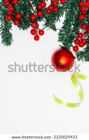 Decoration christmas concept, Fir tree branches decorating with berries red ball and green ribbon.
