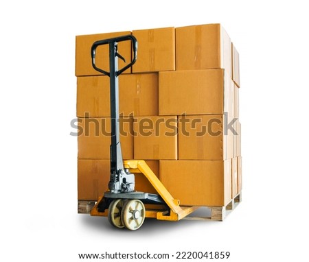 Packaging Boxes Stacked on Pallet with Hand Pallet Truck. Isolated on White Background. Cartons, Cardboard Boxes. Shipment Goods. Cargo Shipping Supplies Warehouse Logistics.
