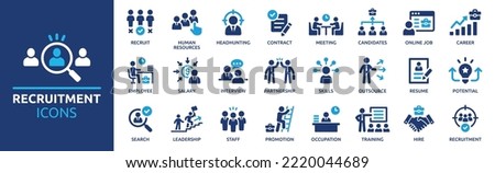 Recruitment icon set. Headhunting, career, resume, job hiring, candidate and human resource icons. Solid icon collection. Royalty-Free Stock Photo #2220044689