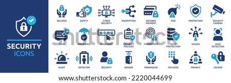 Security icon set. Containing secured payment, encryption, safety, insurance, data protection, detector, sensor, locked, password and cybersecurity icon. Solid icon collection. Royalty-Free Stock Photo #2220044699