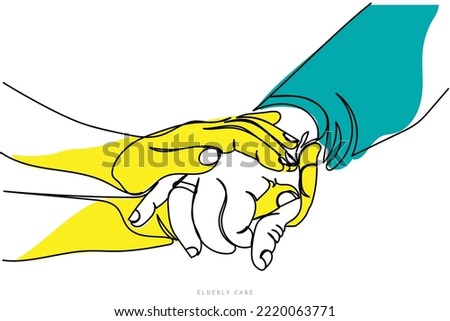 Caregiver, carer hand holding elder hand in hospice care. Philanthropy kindness to disabled concept. Empathy. Old age care. Family bonding. Old person day. Continuous line art poster of social support Royalty-Free Stock Photo #2220063771