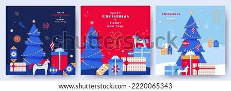 Merry Christmas and Happy New Year greeting card, banner, poster, holiday cover Set. Modern trendyXmas design in blue, red, gold, white colors. Christmas tree, balls, fir branch, toys, gifts elements.