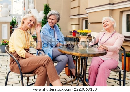 Group of beautiful and happy senior adult women dating outdoors and meeting at the bar cafeteria, having a talk - Stylish fashionable old mature people meeting and having fun in a cafe Royalty-Free Stock Photo #2220069153
