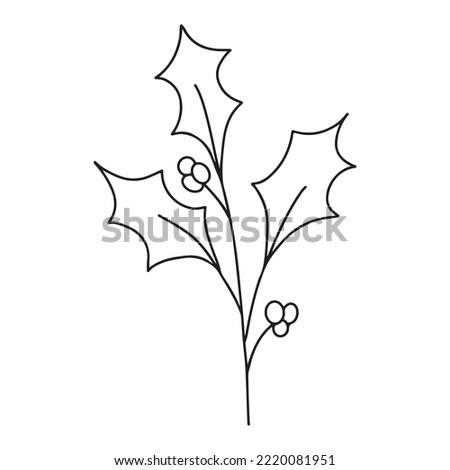 Hand drawn minimalist holly berry mistletoe branch with leaves and berries. Black contour line outline vector illutration in minimal doodle style. Winter holidays floral clip art, greenery