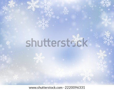Minimal flying snow flakes background. Snowstorm dust frozen particles. Snowfall sky white blue composition. Rime snowflakes january theme. Snow cold season landscape. Royalty-Free Stock Photo #2220096331