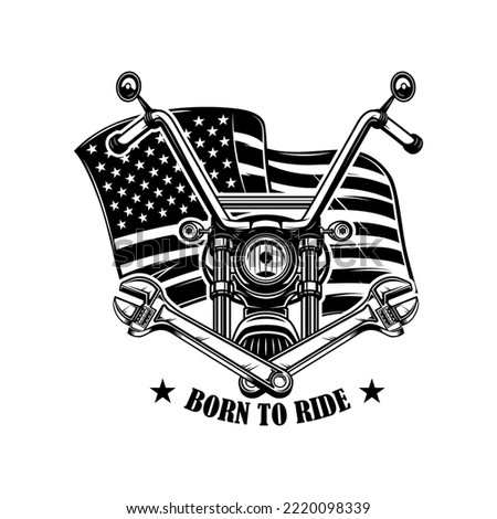 Illustration of motorcycle with crossed wrenches on american flag background. Design element for poster, card, banner, sign, emblem. Vector illustration