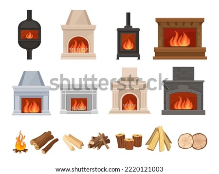 Home Fireplaces with Cozy Burning Fire Flames and Firewood Big Vector Set Royalty-Free Stock Photo #2220121003