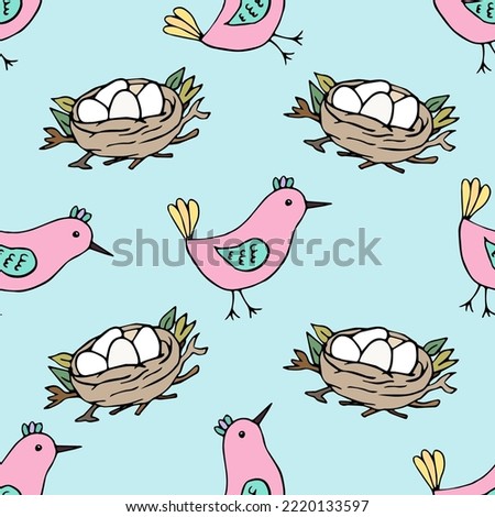 Seamless pattern with nest and birds on blue background