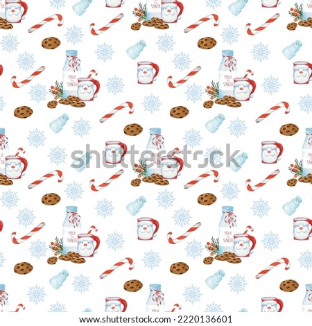 Christmas Seamless Pattern with milkshake, cocoa bar, santa milk.
Watercolor Xmas, new year holiday illustration for fabric textile, wrapping paper.
