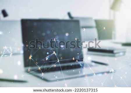 Creative abstract wireless technology hologram on modern computer background, artificial intelligence and machine learning concept. Multi exposure